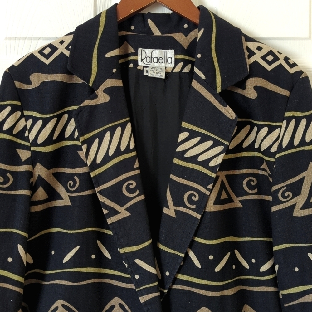 Rafaella 80's Vintage Funky Printed Linen Blend Boxy Blazer Jacket Black Tan 8 - Picture 2 of 12